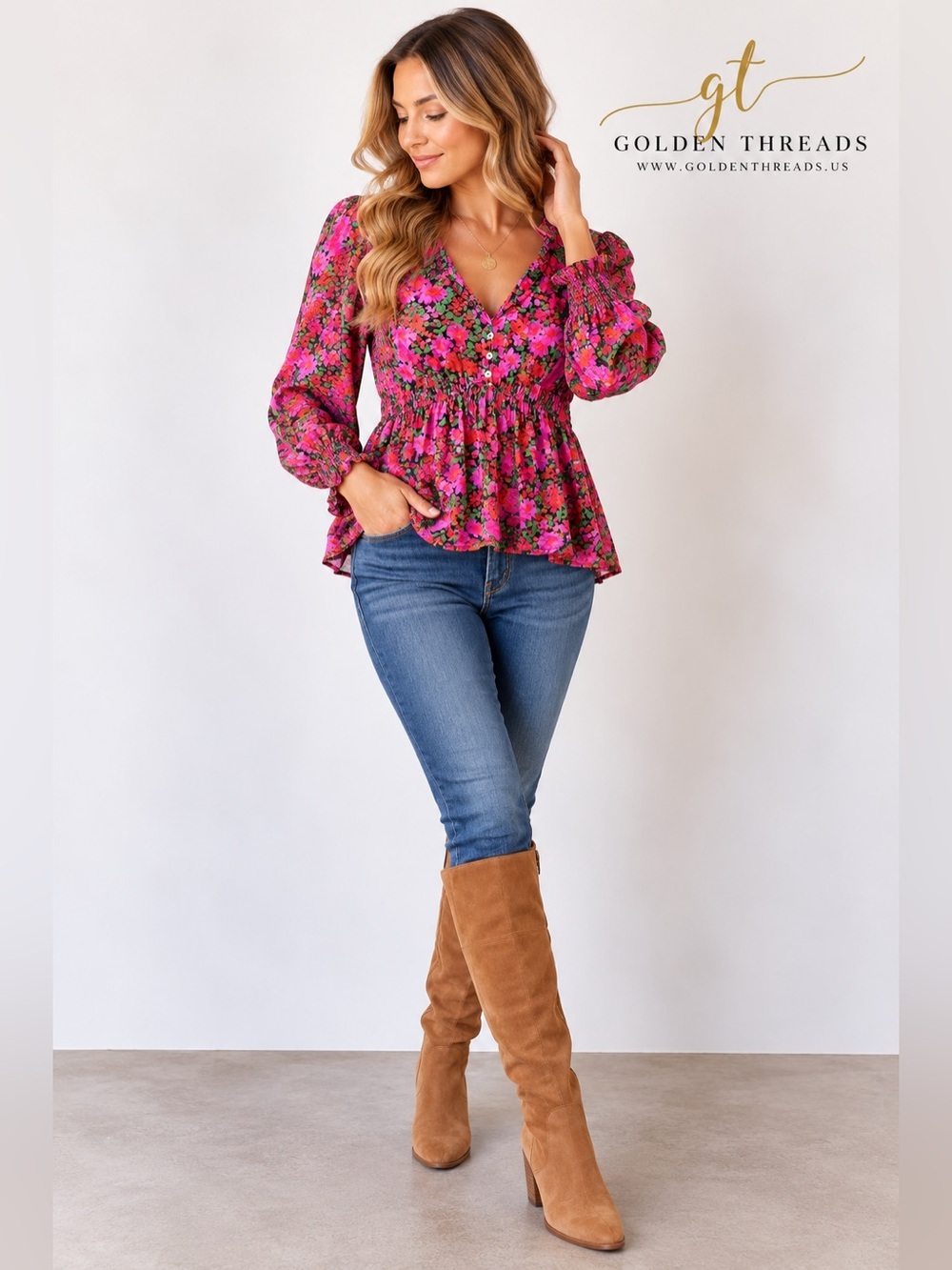 GT-0048 August Sky Floral Peplum Blouse M Pink Green Puff Sleeve Cottagecore